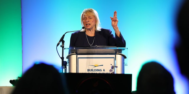 Gov.  Janet Mills speaks during the Democratic State Convention at the Cross Insurance Center in Bangor.