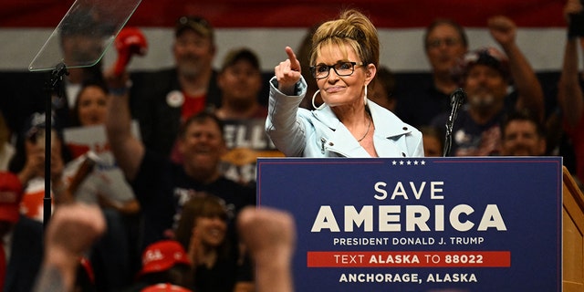 Sarah Palin, candidate for the United States House of Representatives, speaks on stage during a "save america" rally in front of former US President Donald Trump in Anchorage, Alaska on July 9, 2022. 