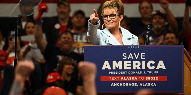 U.S. House of Representatives candidate Sarah Palin speaks on stage during a "Save America" rally before former President Trump in Anchorage, Alaska on July 9, 2022. 