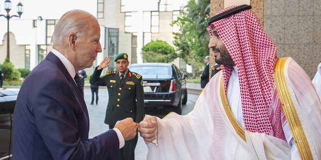 President Biden being welcomed by Saudi Arabian Crown Prince Mohammed bin Salman at Alsalam Royal Palace in Jeddah, Saudi Arabia on July 15. 