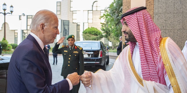 President Biden being welcomed by Saudi Arabian Crown Prince Mohammed bin Salman at Alsalam Royal Palace in Jeddah, Saudi Arabia on July 15, 2022.