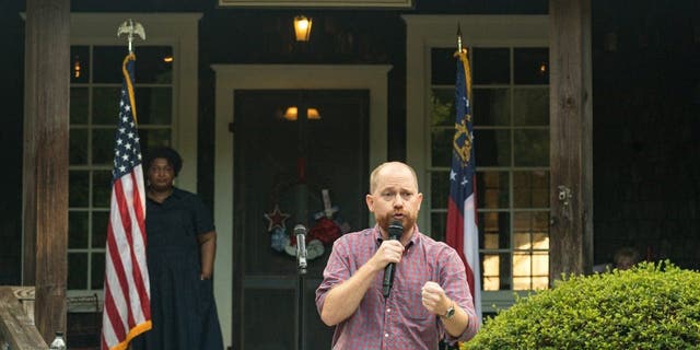 Democratic candidate for Lieutenant Governor, Charlie Bailey speaks ahead of Georgia gubernatorial candidate Stacey Abrams, to supporters and members of the Rabun County Democrats group on July 28, 2022 in Clayton, Georgia.