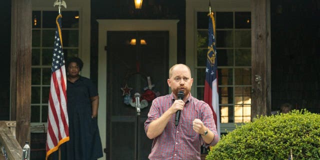 Democratic candidate for Lieutenant Governor, Charlie Bailey speaks ahead of Georgia gubernatorial candidate Stacey Abrams, to supporters and members of the Rabun County Democrats group on July 28, 2022 in Clayton, Georgia.