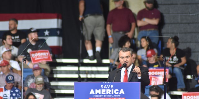 Jim Bognet delivers remarks at a Save America rally in Wilkes-Barre, Pennsylvania 