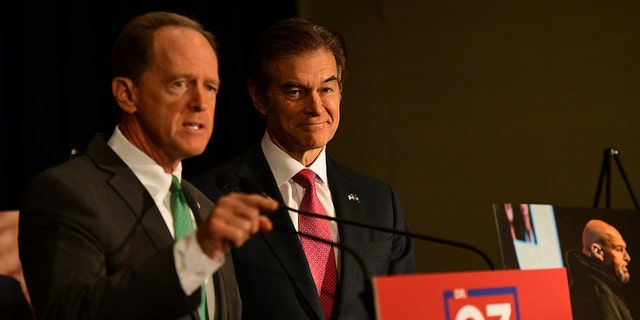 PHILADELPHIA, PA - SEPTEMBER 06: Republican U.S. Senate candidate Dr. Mehmet Oz with U.S. Sen. Pat Toomey, R-PA, on September 6, 2022 in Philadelphia, Pennsylvania. 