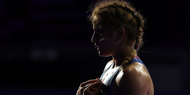 Amit Elor (BLUE) of Team USA reacts after winning against Masako Furuichi (RED) of Japan during the Womens Free Style World Wrestling Championship Semi finals match at Stark Arena on September 14, 2022, in Belgrade, Serbia.