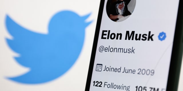 Elon Musk's Twitter profile displayed on a phone screen and Twitter logo displayed on a screen.