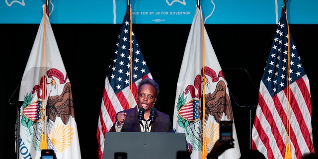 Chicago Mayor Lori Lightfoot during an event with J.B. Pritzker, governor of Illinois, at the University of Illinois in Chicago on Friday, Sept. 16, 2022.  
