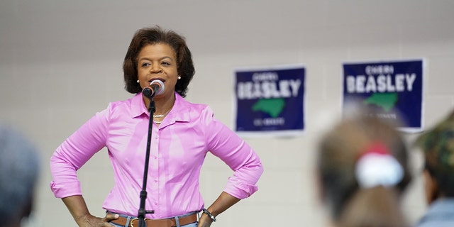 Democratic Senate candidate Cheri Beasley speaks to canvassers at Ebenezer Baptist Church on Sept. 17, 2022, in Charlotte, North Carolina.