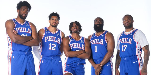Joel Embiid (21), Tobias Harris (12), Tyrese Maxey (0), James Harden (1) and P.J. Tucker (17)of the Philadelphia 76ers pose for a portrait during NBA Media Day Sept. 26, 2022, at Wells Fargo Center in Philadelphia. 