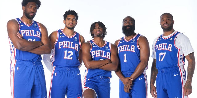 Joel Embiid (21), Tobias Harris (12), Tyrese Maxey (0), James Harden (1) and P.J. Tucker (17)of the Philadelphia 76ers pose for a portrait during NBA Media Day Sept. 26, 2022, at Wells Fargo Center in Philadelphia.