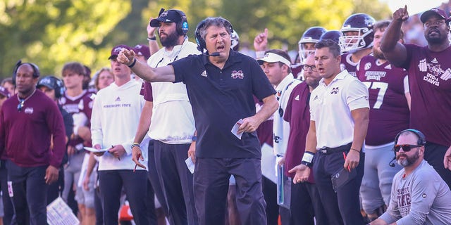 Mississippi State Bulldogs head coach Mike Leach yells at an official during the game between the Mississippi State Bulldogs and the Texas A&amp;amp;M Aggies on October 1, 2022, at Davis Wade Stadium in Starkville, MS. 