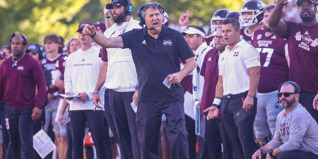 Mississippi State Bulldogs head coach Mike Leach yells at an official during the game between the Mississippi State Bulldogs and the Texas A&M Aggies on October 1, 2022, at Davis Wade Stadium in Starkville, MS.
