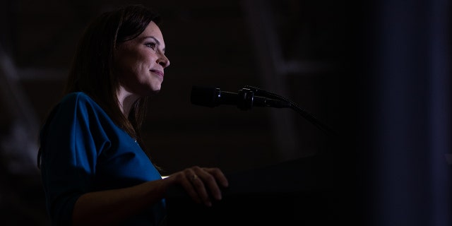 Republican gubernatorial candidate Tudor Dixon addresses the crowd during a Save America rally on October 1, 2022, in Warren, Michigan. 