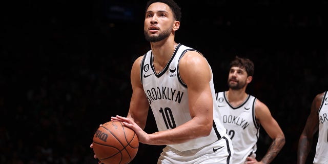 Ben Simmons (10) of the Brooklyn Nets prepares to shoot a free throw against the Philadelphia 76ers during a preseason game Oct. 3, 2022, at Barclays Center in Brooklyn, N.Y.