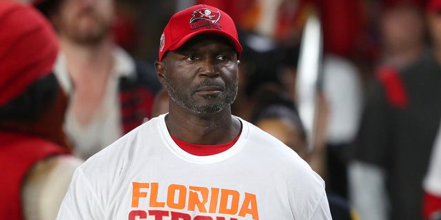 Tampa Bay Buccaneers Head Coach Todd Bowles looks out towards the field during the regular season game between the Kansas City Chiefs and the Tampa Bay Buccaneers on October 2, 2022, at Raymond James Stadium in Tampa, Florida. 
