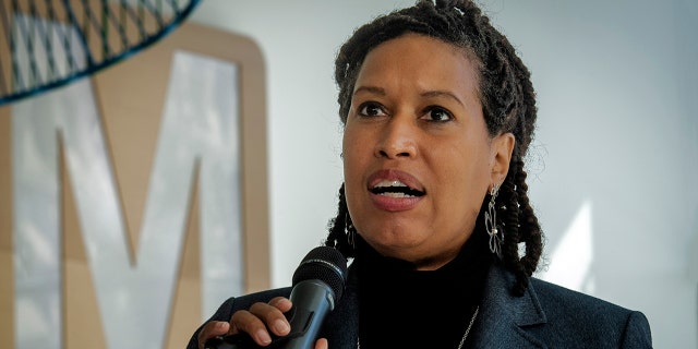 Mayor Muriel Bowser makes remarks as she and other dignitaries celebrate the opening of the new Metro headquarters building, in Washington, DC. 