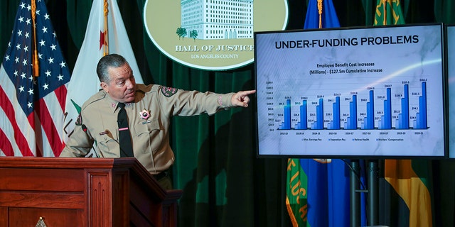 Los Angeles, CA - October 05: Sheriff Alex Villanueva addresses a news conference to discuss the sheriff's department budget at Hall of Justice on Wednesday, Oct. 5, 2022 in Los Angeles, CA. 