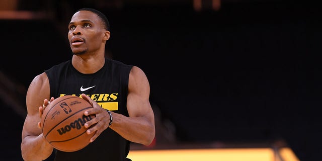 Russell Westbrook of the Los Angeles Lakers warms up before the game against the Golden State Warriors on October 9, 2022 at the Chase Center in San Francisco.