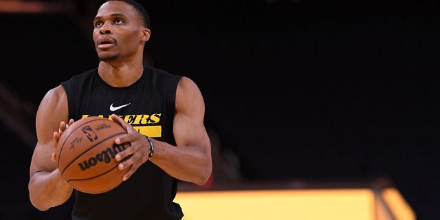 Russell Westbrook of the Los Angeles Lakers warms up before the game against the Golden State Warriors on Oct. 9, 2022, at Chase Center in San Francisco.