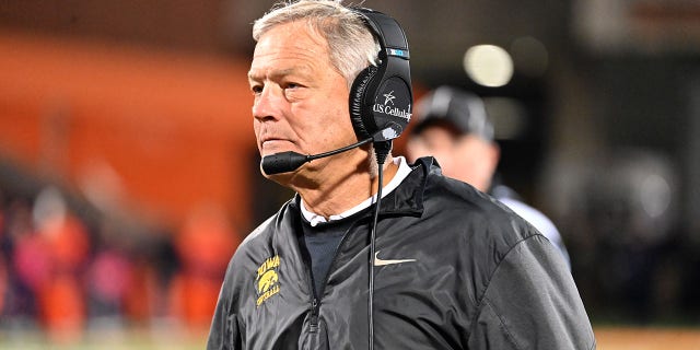 Iowa football coach Kirk Ferentz watches his team play the Fighting Illini, Oct. 08, 2022, at Memorial Stadium, Champaign, Illinois.