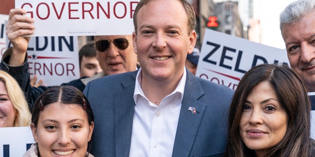 NEW YORK, UNITED STATES - 2022/10/11: Congressman Lee Zeldin (C) attends the annual Columbus Day parade on Fifth Avenue in Manhattan. 