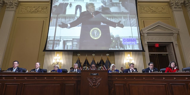 A video of former President Donald Trump displayed on a screen during a hearing of the Select Committee to Investigate the January 6th Attack on the US Capitol in Washington, DC, US, on Thursday, Oct. 13, 2022. 