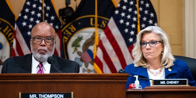 Chairman Bennie Thompson, D-Miss., and Rep. Liz Cheney, R-Wyo., take their seats for the Select Committee to Investigate the January 6th Attack on the Capitol hearing on Thursday, October 13, 2022. 