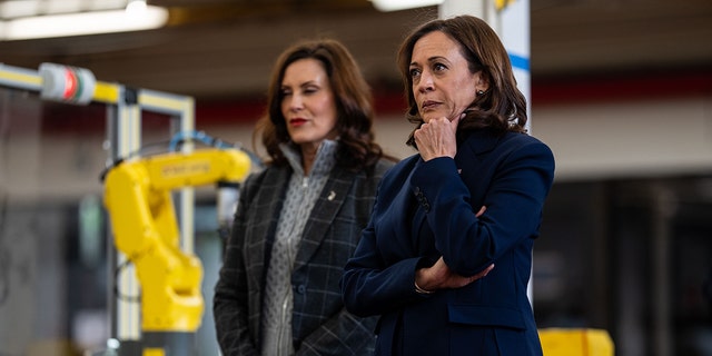 Vice President Kamala Harris tours a FOCUS: HOPE facility with Michigan Governor Gretchen Whitmer on Saturday, Oct. 15, 2022 in Detroit. 