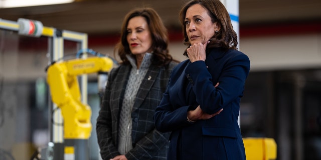 Vice President Kamala Harris tours a FOCUS: HOPE facility with Michigan Governor Gretchen Whitmer on Saturday, Oct. 15, 2022 in Detroit. 