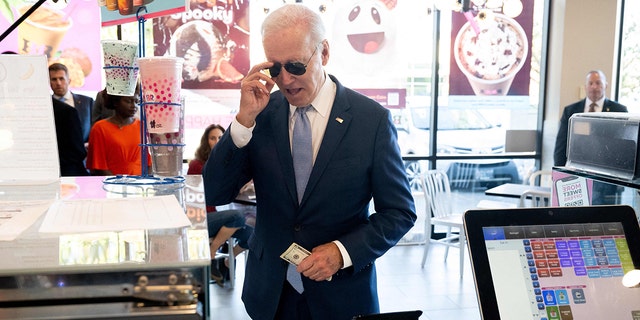 US President Joe Biden stops for ice cream at Baskin Robbins in Portland, Oregon, October 15, 2022. 