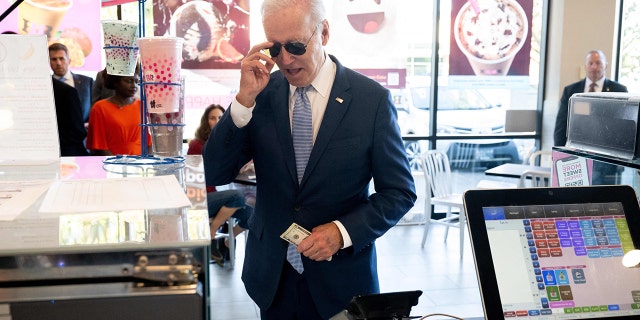 US President Joe Biden stops for ice cream at Baskin Robbins in Portland, Oregon, October 15, 2022.