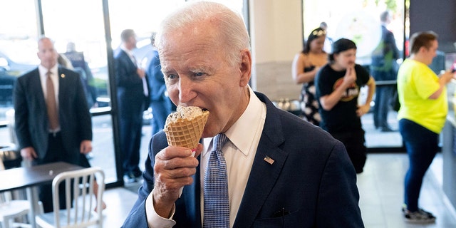 President Biden told reporters that the economy is "strong as hell" while eating ice cream at Baskin-Robbins in Portland, Oregon on October 15, 2022. 