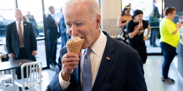 US President Joe Biden stops for ice cream at Baskin Robbins in Portland, Oregon, October 15, 2022. 