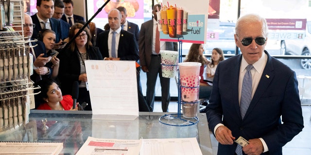 President Biden speaks to the press as he stops for ice cream at Baskin Robbins in Portland, Oregon.