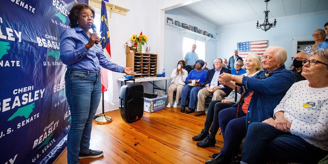 Cheri Beasley gestures as she talks to supporters inside the Catawba County Democratic headquarters in Hickory, North Carolina, on Oct. 13, 2022.