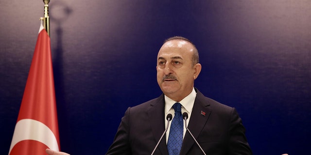 Turkish Foreign Minister Mevlut Cavusoglu speaks to the press members after the Organization of Turkic States the Council of Foreign Ministers extraordinary meeting at Dolmabahce Palace in Istanbul, Turkiye on October 17, 2022. 