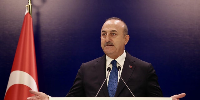 Turkish Foreign Minister Mevlut Cavusoglu speaks to the press members after the Organization of Turkic States the Council of Foreign Ministers extraordinary meeting at Dolmabahce Palace in Istanbul, Turkiye on October 17, 2022. 