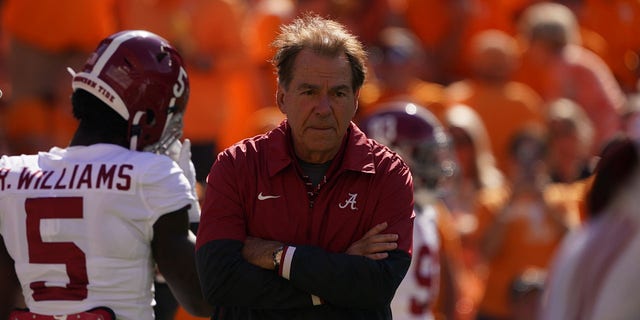 Alabama head coach Nick Saban looks on during a game against the Tennessee Volunteers at Neyland Stadium in Knoxville, Tennessee, on Oct. 15, 2022.  