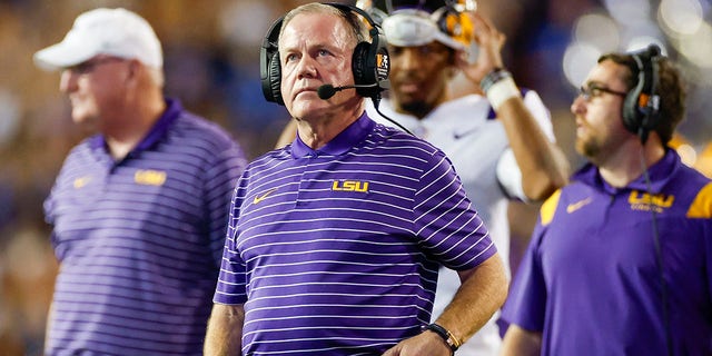 LSU Tigers head coach Brian Kelly looks on during the game between the LSU Tigers and the Florida Gators on Oct. 15, 2022 at Ben Hill Griffin Stadium at Florida Field in Gainesville, Florida.