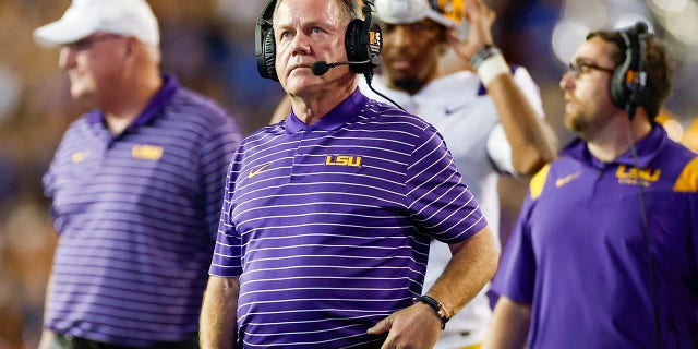 LSU Tigers head coach Brian Kelly looks on during the game between the LSU Tigers and the Florida Gators on October 15, 2022 at Ben Hill Griffin Stadium at Florida Field in Gainesville, Fl. 