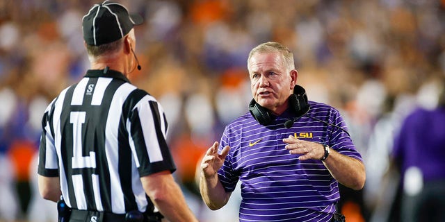 LSU Tigers head coach Brian Kelly argues a call during the game between the LSU Tigers and the Florida Gators on Oct. 15, 2022 at Ben Hill Griffin Stadium at Florida Field in Gainesville, Florida.