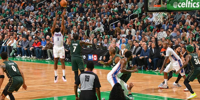 James Harden, #1 of the Philadelphia 76ers, shoots the ball during the game against the Boston Celtics on Oct. 18, 2022 at the TD Garden in Boston.