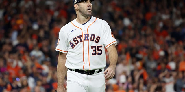 Justin Verlander of the Astros walks back to the dugout during Game 1 of the ALCS against the New York Yankees at Minute Maid Park on Wednesday, Oct. 19, 2022, in Houston, Texas.