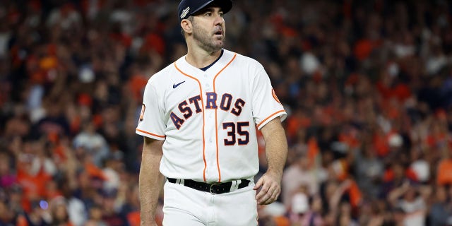 Justin Verlander of the Astros during Game 1 of the ALCS against the New York Yankees at Minute Maid Park on Oct. 19, 2022, in Houston, Texas.