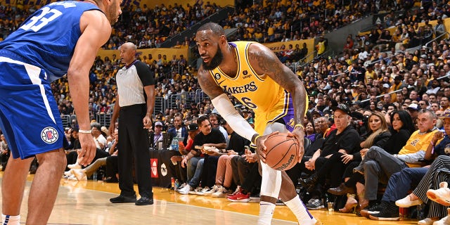 LeBron James, #6 of the Los Angeles Lakers, dribbles the ball during the game against the LA Clippers on Oct. 20, 2022 at Crypto.com Arena in Los Angeles.