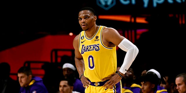 Russell Westbrook, #0 of the Los Angeles Lakers, against the LA Clippers in the first half of an NBA basketball game at the Crypto.com Arena in Los Angeles on Thursday, Oct. 20, 2022. 