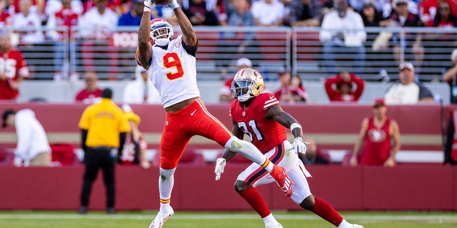 Kansas City Chiefs wide receiver JuJu Smith-Schuster makes a catch against the San Francisco 49ers on Oct. 23, 2022, at Levis Stadium in Santa Clara, California.