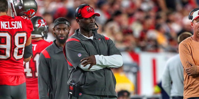 Tampa Bay Buccaneers Head Coach Todd Bowles looks out towards the field during the regular season game between the Baltimore Ravens and the Tampa Bay Buccaneers on Oct. 27, 2022 at Raymond James Stadium in Tampa, Florida. 