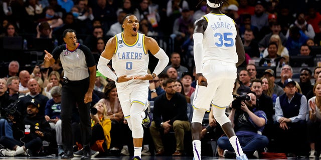 Russell Westbrook (0) of the Los Angeles Lakers celebrates a basket against the Minnesota Timberwolves in the second quarter of a game at Target Center Oct. 28, 2022, in Minneapolis. 